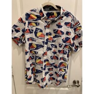 J Crew Shirt Men's Large Slim All Over Print Sail Boat Short Sleeve Button Down